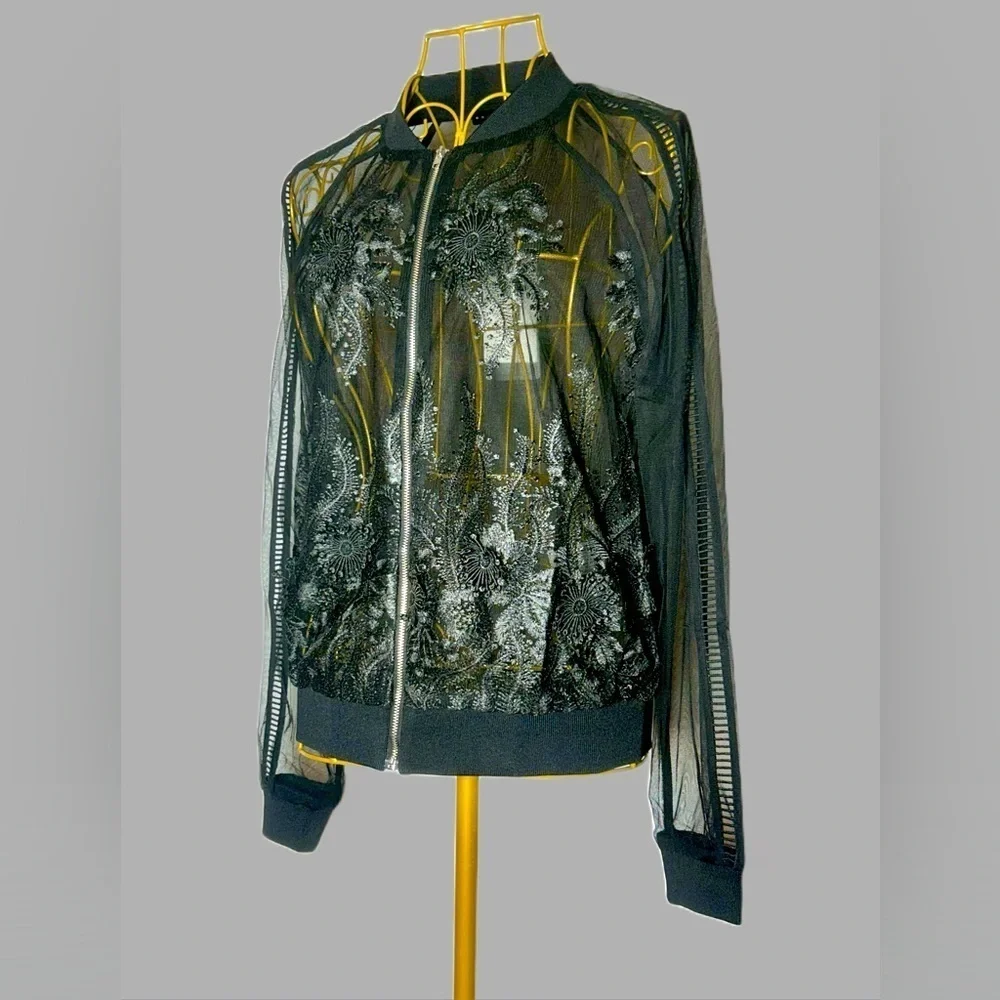 NWT Revolve Endless Rose Lace Mesh Black Bomber Jacket, Zipper, Sizes XS & S - Picture 4 of 16